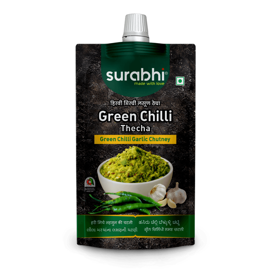 Surabhi Sauces| Surabhi Green Chilli Thecha| Green Chilli Garlic Chutney| No Added Colors| Chatpata Thecha|Thecha| Hirvi Mirchi Lehsun Thecha| Surabhi Sauce|