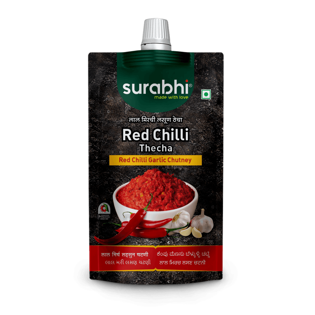 Surabhi Sauces| Surabhi Red Chilli Thecha| Red Chilli Garlic Chutney| No Added Colors| Chatpata Thecha| Thecha| Lal Mirchi Lehsun Thecha| Surabhi Sauce|